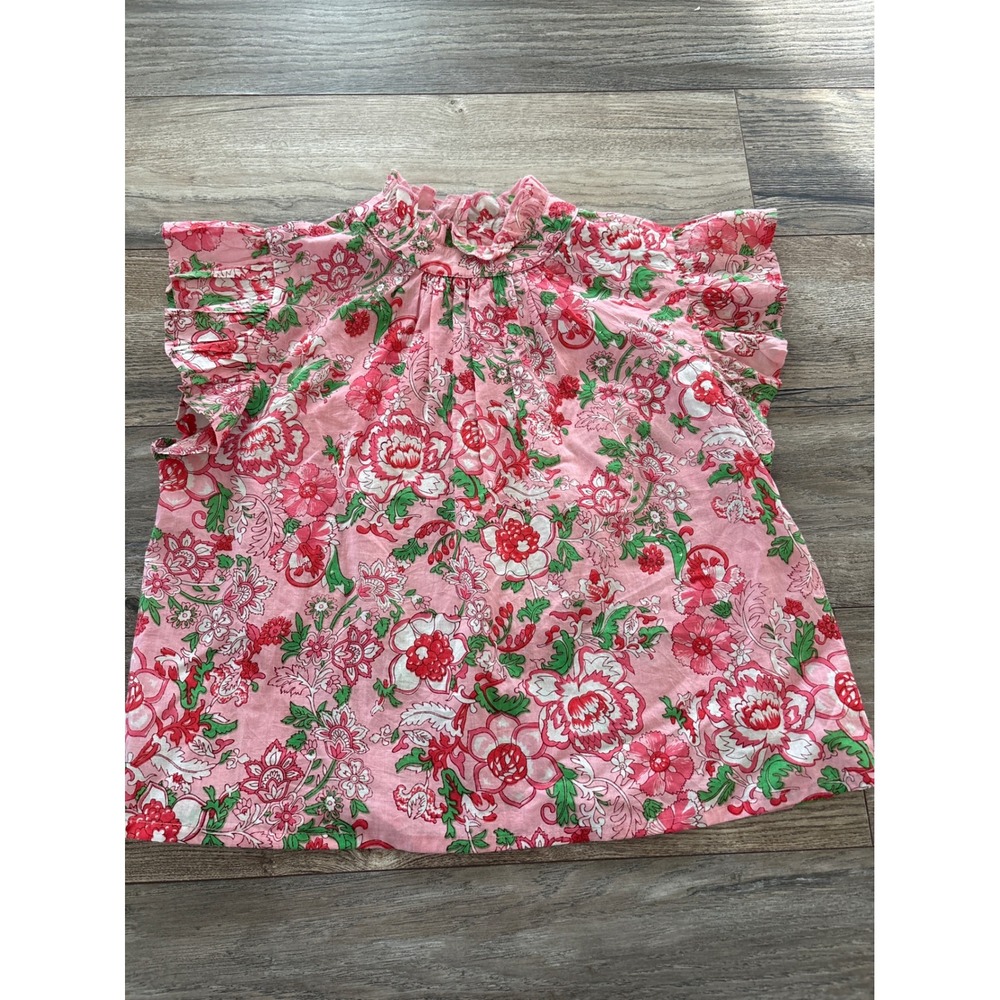THML Pink Floral Ruffle Neck Flutter Sleeve Top XS